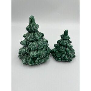 Handmade Vintage Green Ceramic Mini Christmas Tree Set of 2 Signed 1980’s